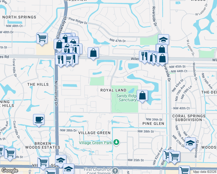 map of restaurants, bars, coffee shops, grocery stores, and more near 4116 Northwest 88th Avenue in Coral Springs