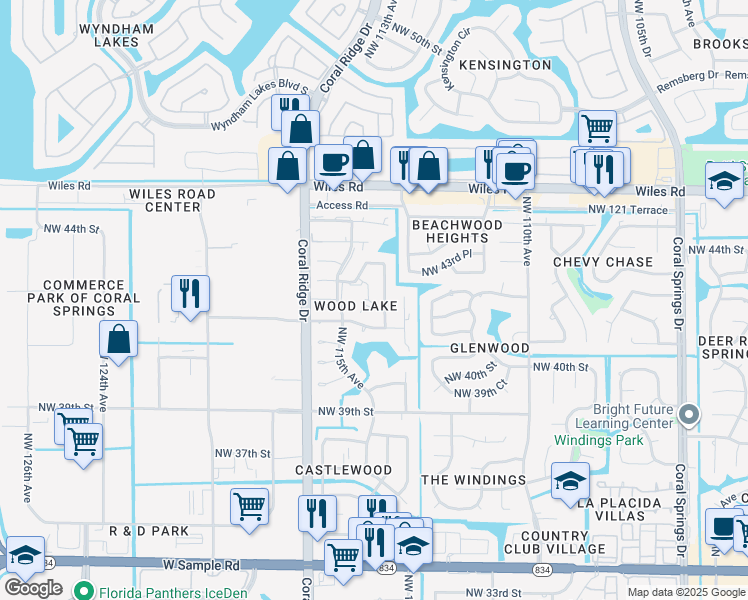 map of restaurants, bars, coffee shops, grocery stores, and more near 11460 Northwest 43rd Street in Coral Springs