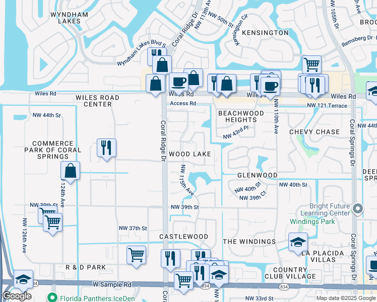 map of restaurants, bars, coffee shops, grocery stores, and more near 11460 Northwest 43rd Street in Coral Springs