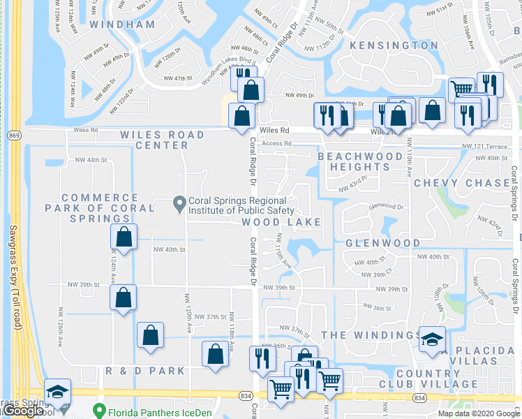 map of restaurants, bars, coffee shops, grocery stores, and more near 11506 Northwest 42nd Street in Coral Springs