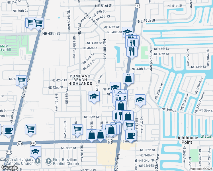 map of restaurants, bars, coffee shops, grocery stores, and more near 1720 Northeast 42nd Court in Pompano Beach