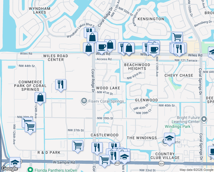 map of restaurants, bars, coffee shops, grocery stores, and more near 11460 Northwest 43rd Street in Coral Springs