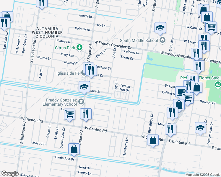 map of restaurants, bars, coffee shops, grocery stores, and more near 2112 Ann Street in Edinburg