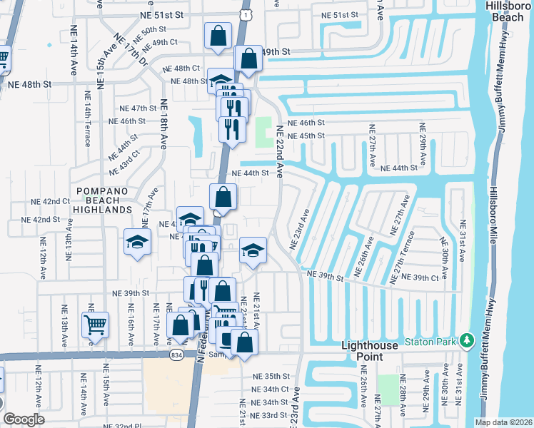 map of restaurants, bars, coffee shops, grocery stores, and more near 2141 Northeast 42nd Street in Lighthouse Point