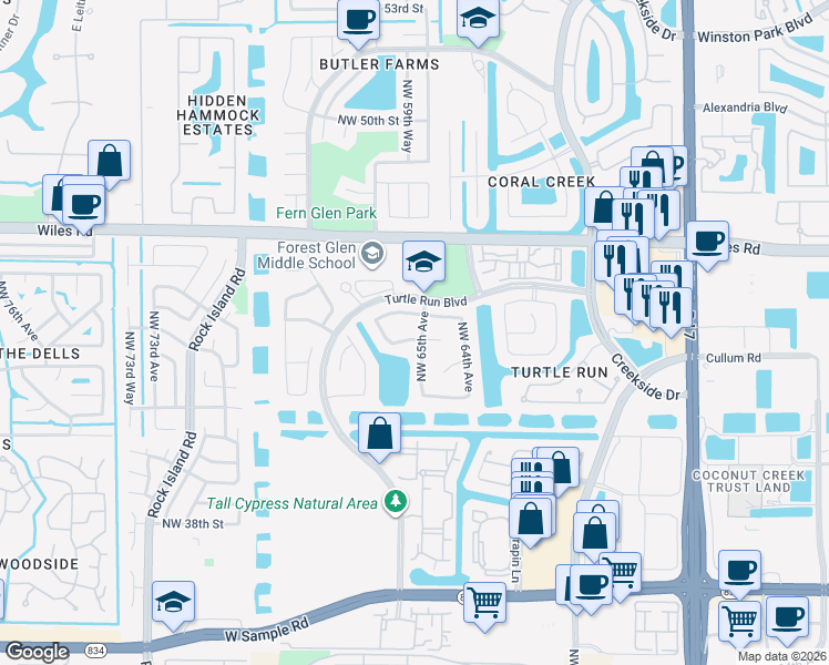 map of restaurants, bars, coffee shops, grocery stores, and more near 4306 Northwest 65th Avenue in Coral Springs