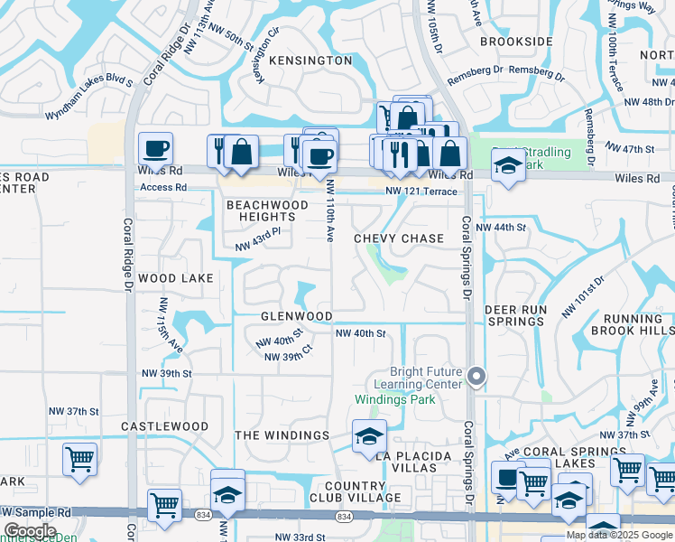 map of restaurants, bars, coffee shops, grocery stores, and more near 4241 Northwest 110th Avenue in Coral Springs