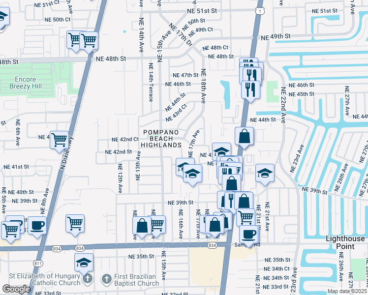 map of restaurants, bars, coffee shops, grocery stores, and more near 1581 Northeast 42nd Street in Pompano Beach