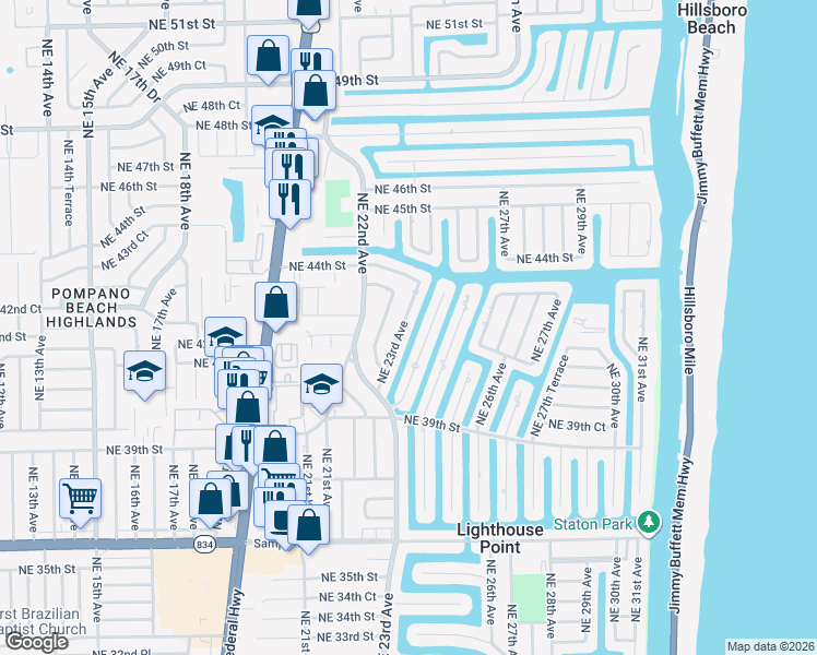 map of restaurants, bars, coffee shops, grocery stores, and more near 4220 Northeast 23rd Avenue in Lighthouse Point