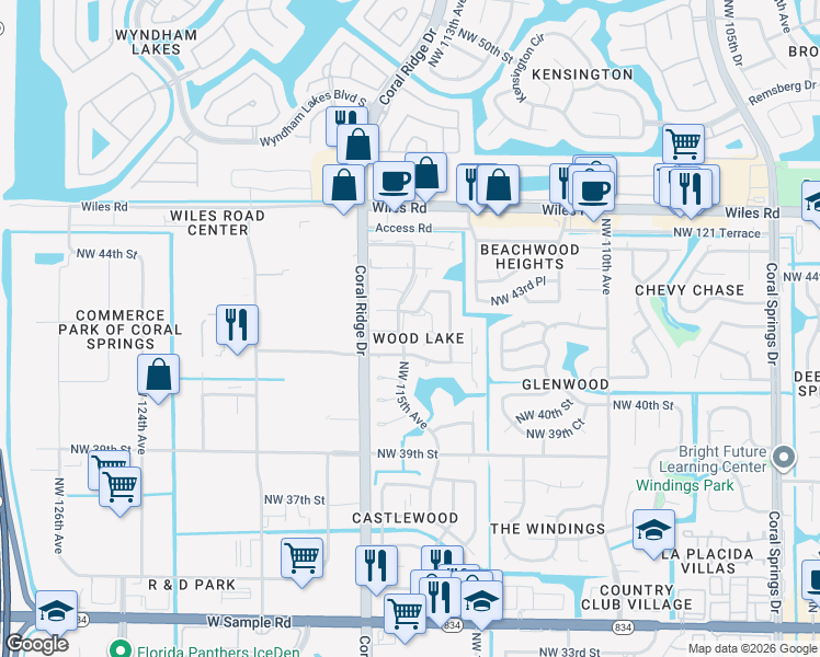 map of restaurants, bars, coffee shops, grocery stores, and more near 11460 Northwest 43rd Street in Coral Springs