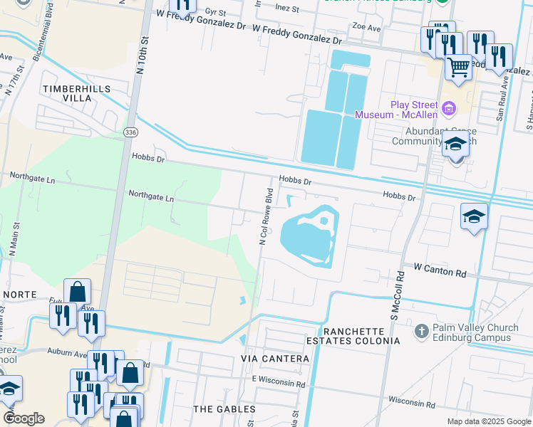 map of restaurants, bars, coffee shops, grocery stores, and more near 2nd Street in McAllen