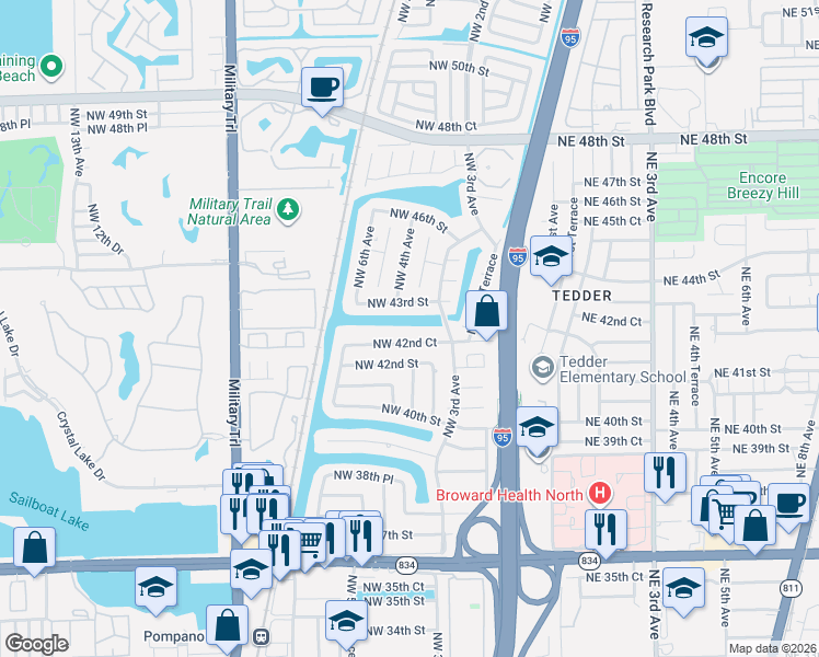 map of restaurants, bars, coffee shops, grocery stores, and more near 351 Northwest 42nd Court in Pompano Beach