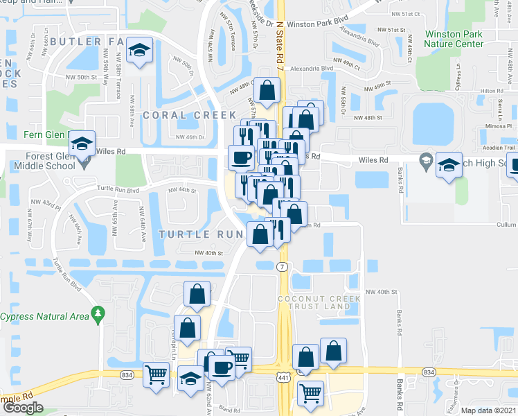 map of restaurants, bars, coffee shops, grocery stores, and more near 4320 North State Road 7 in Coral Springs