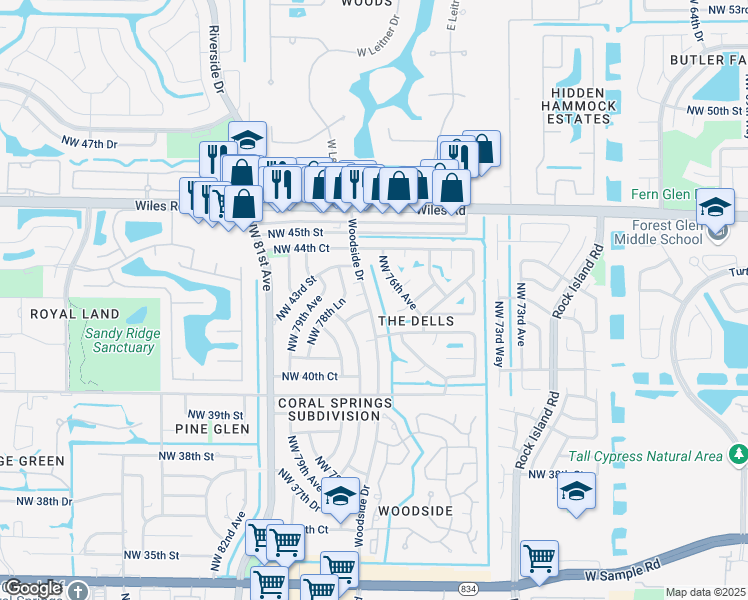 map of restaurants, bars, coffee shops, grocery stores, and more near 4113 Northwest 78th Avenue in Coral Springs