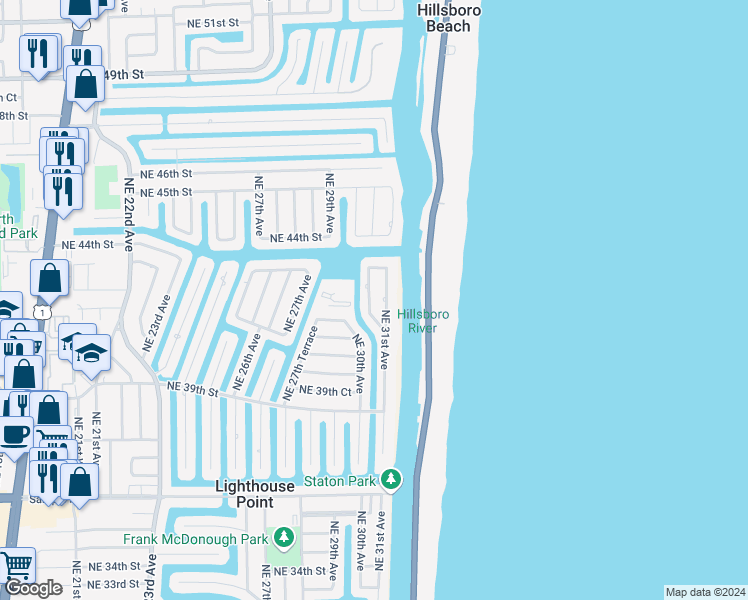 map of restaurants, bars, coffee shops, grocery stores, and more near 4160 Northeast 30th Terrace in Lighthouse Point