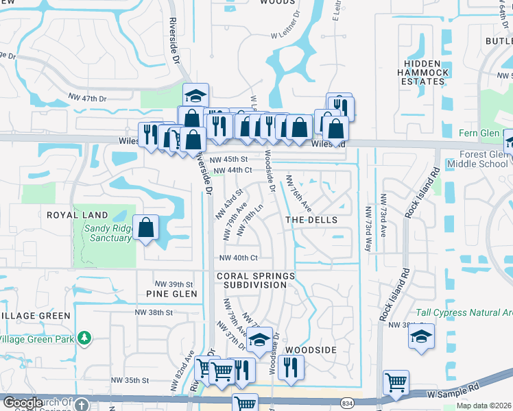 map of restaurants, bars, coffee shops, grocery stores, and more near 4132 Northwest 78th Lane in Coral Springs
