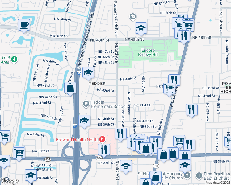 map of restaurants, bars, coffee shops, grocery stores, and more near 284 Northeast 42nd Court in Pompano Beach