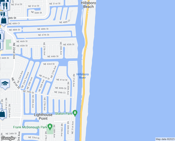 map of restaurants, bars, coffee shops, grocery stores, and more near 1075 Hillsboro Mile in Hillsboro Beach