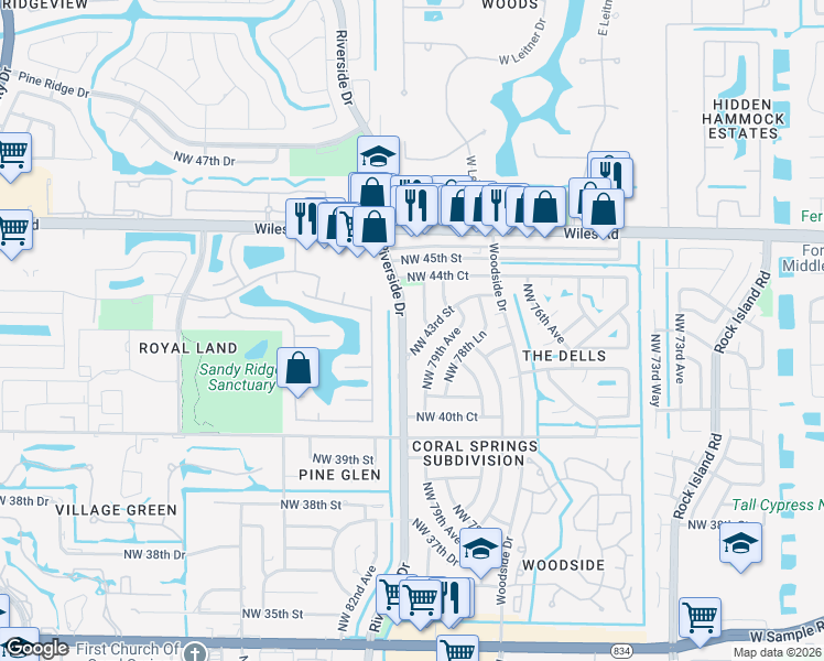 map of restaurants, bars, coffee shops, grocery stores, and more near 4241 Riverside Drive in Coral Springs