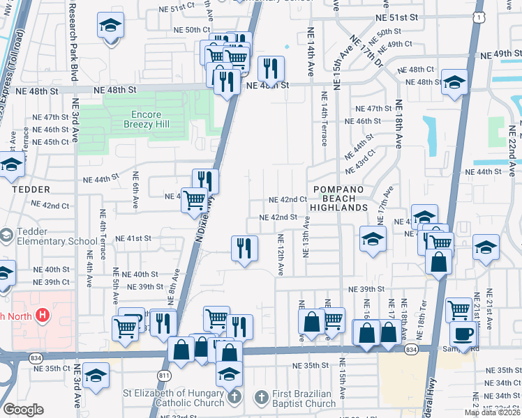 map of restaurants, bars, coffee shops, grocery stores, and more near 4221 Northeast 11th Terrace in Pompano Beach