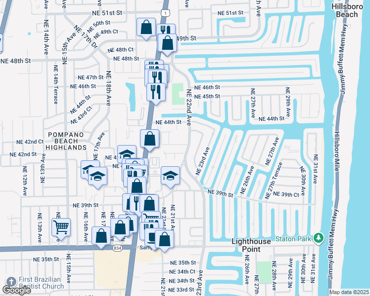 map of restaurants, bars, coffee shops, grocery stores, and more near 4200 Northeast 22nd Avenue in Lighthouse Point