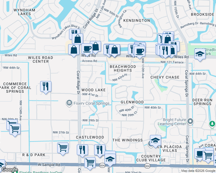 map of restaurants, bars, coffee shops, grocery stores, and more near 4160 Northwest 114th Avenue in Coral Springs