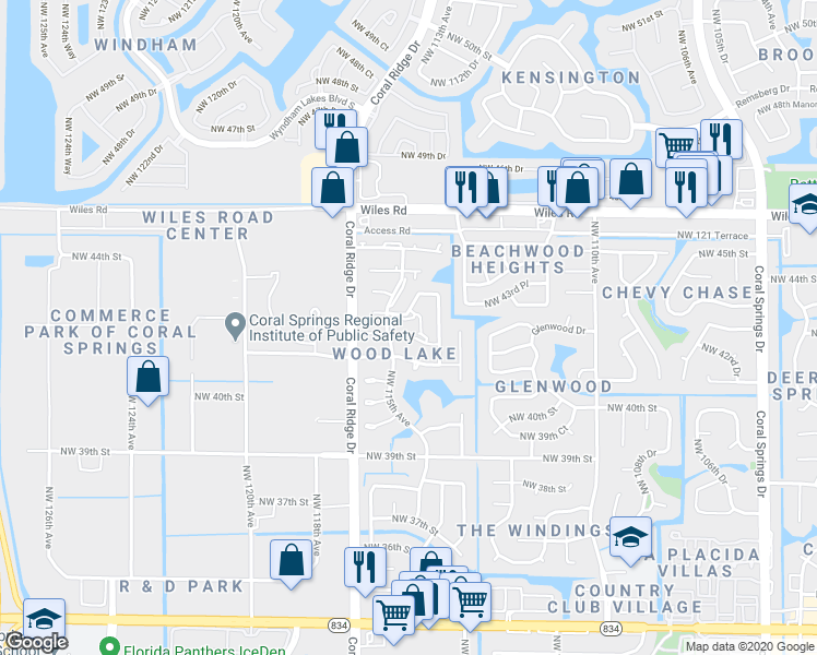 map of restaurants, bars, coffee shops, grocery stores, and more near 11460 Northwest 43rd Street in Coral Springs