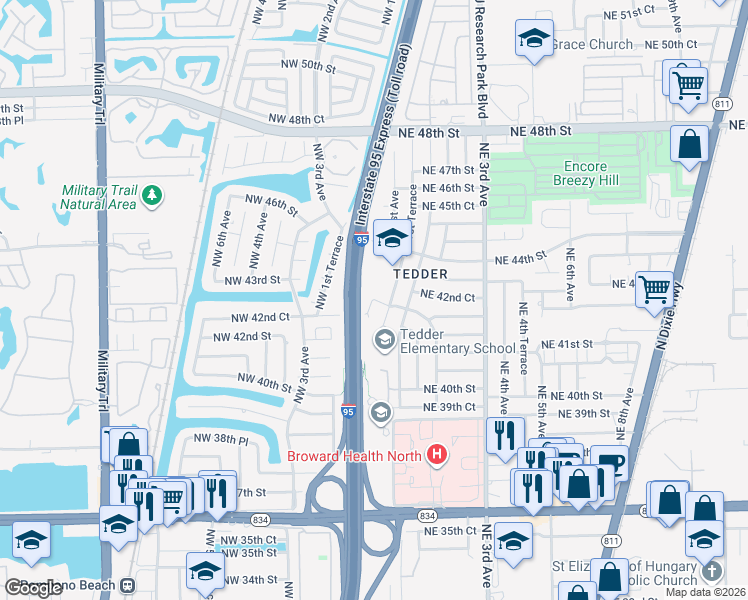 map of restaurants, bars, coffee shops, grocery stores, and more near 4270 Northeast 1st Avenue in Pompano Beach
