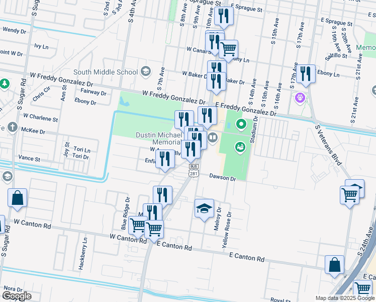 map of restaurants, bars, coffee shops, grocery stores, and more near 128 West Austin Boulevard in Edinburg