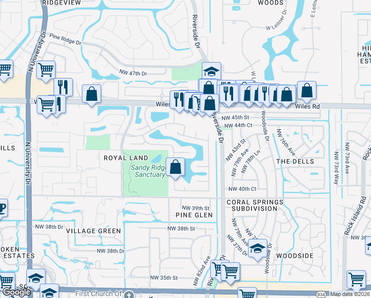 map of restaurants, bars, coffee shops, grocery stores, and more near 8307 Northwest 43rd Street in Coral Springs