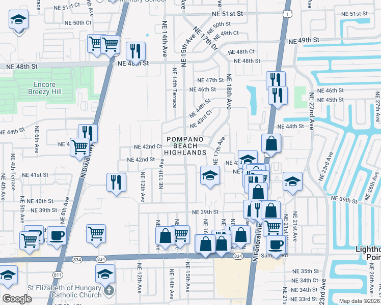 map of restaurants, bars, coffee shops, grocery stores, and more near 1500 Northeast 42nd Street in Pompano Beach