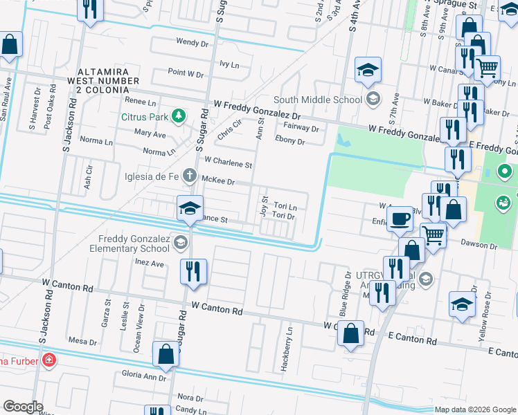 map of restaurants, bars, coffee shops, grocery stores, and more near 2112 Ann Street in Edinburg