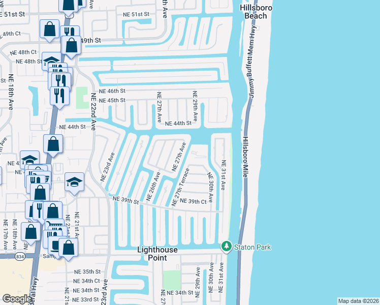 map of restaurants, bars, coffee shops, grocery stores, and more near 4210 Northeast 27th Avenue in Lighthouse Point