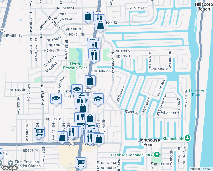 map of restaurants, bars, coffee shops, grocery stores, and more near 2141 Northeast 42nd Street in Lighthouse Point