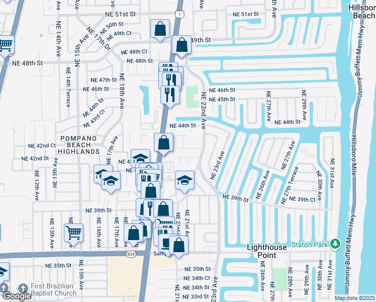 map of restaurants, bars, coffee shops, grocery stores, and more near 2141 Northeast 42nd Street in Lighthouse Point