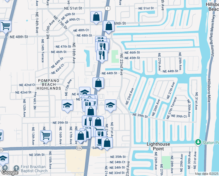 map of restaurants, bars, coffee shops, grocery stores, and more near 2141 Northeast 42nd Street in Lighthouse Point