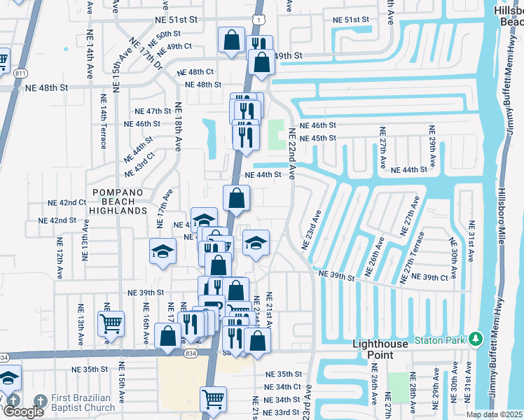 map of restaurants, bars, coffee shops, grocery stores, and more near 2141 Northeast 42nd Street in Lighthouse Point