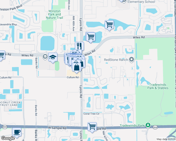 map of restaurants, bars, coffee shops, grocery stores, and more near 4310 Northwest 45th Terrace in Coconut Creek