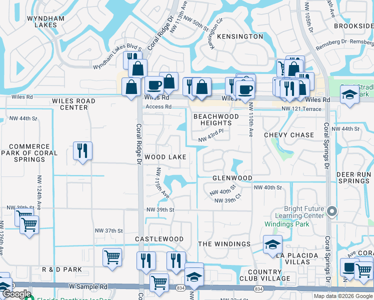 map of restaurants, bars, coffee shops, grocery stores, and more near 4160 Northwest 114th Avenue in Coral Springs