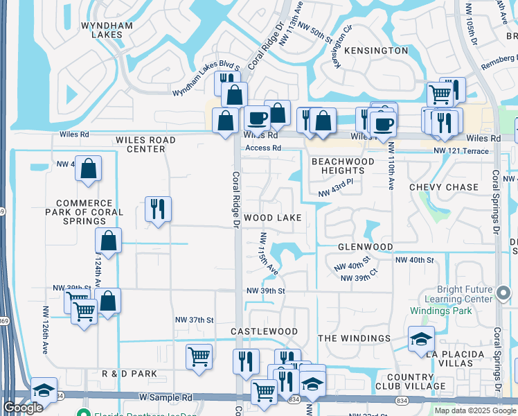 map of restaurants, bars, coffee shops, grocery stores, and more near 11506 Northwest 42nd Street in Coral Springs