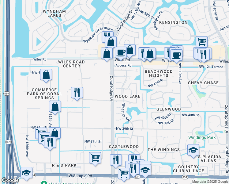 map of restaurants, bars, coffee shops, grocery stores, and more near 11506 Northwest 42nd Street in Coral Springs