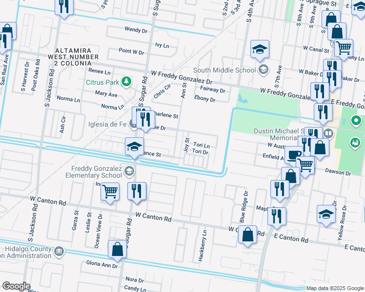 map of restaurants, bars, coffee shops, grocery stores, and more near 2112 Ann Street in Edinburg