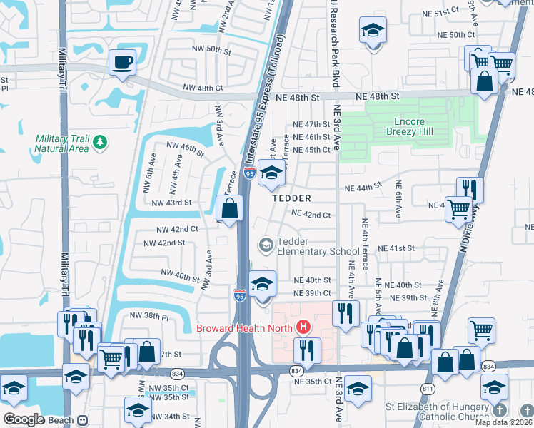 map of restaurants, bars, coffee shops, grocery stores, and more near 4270 Northeast 1st Avenue in Pompano Beach