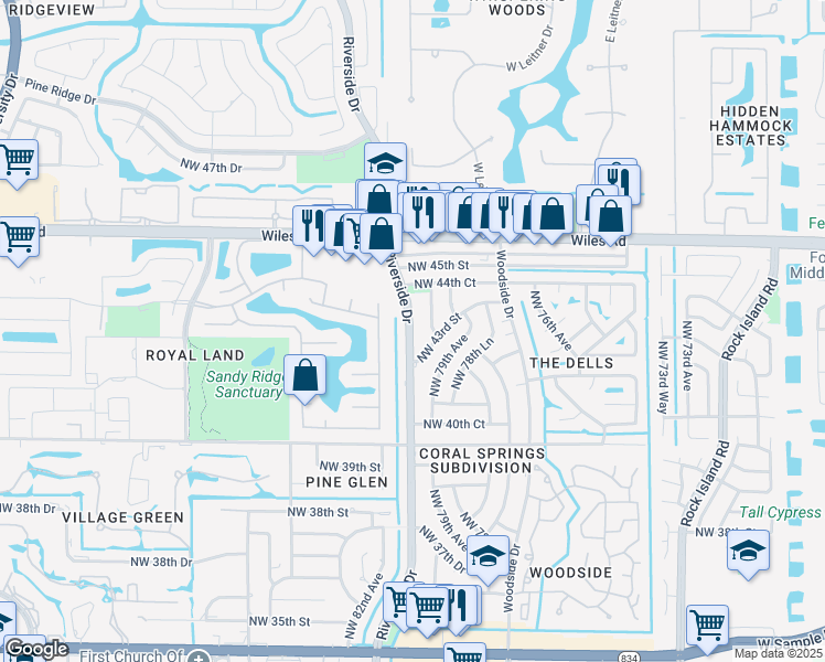 map of restaurants, bars, coffee shops, grocery stores, and more near 4241 Riverside Drive in Coral Springs