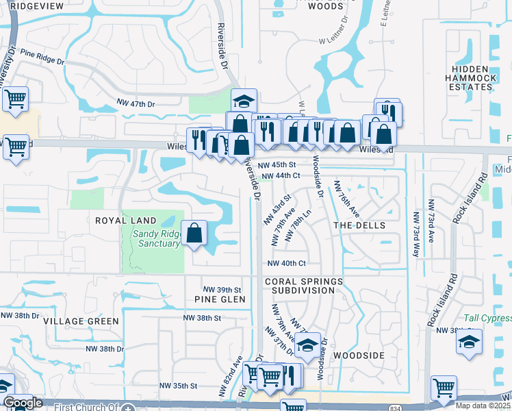 map of restaurants, bars, coffee shops, grocery stores, and more near 4241 Riverside Drive in Coral Springs