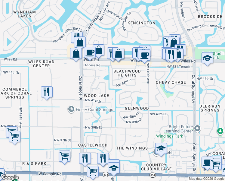 map of restaurants, bars, coffee shops, grocery stores, and more near 4160 Northwest 114th Avenue in Coral Springs