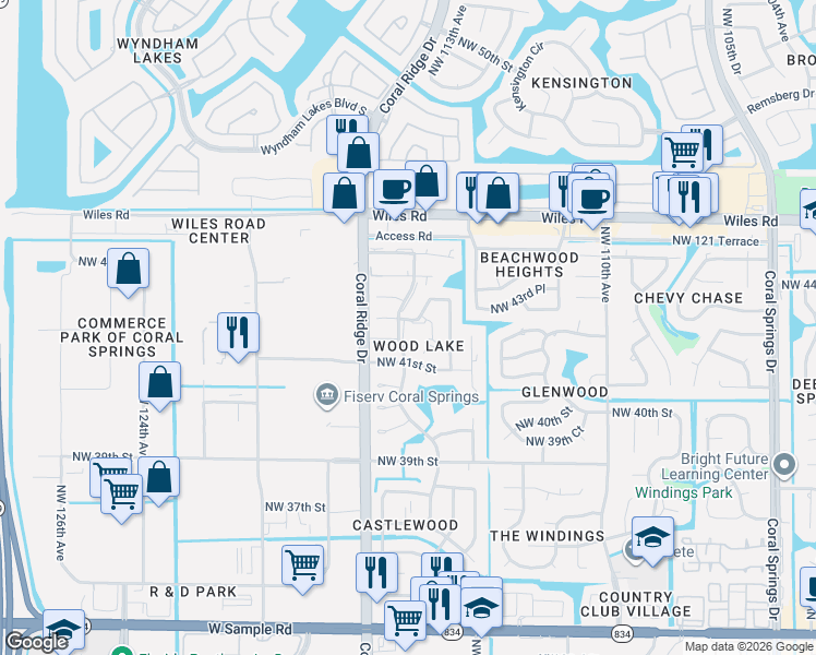 map of restaurants, bars, coffee shops, grocery stores, and more near 11506 Northwest 42nd Street in Coral Springs