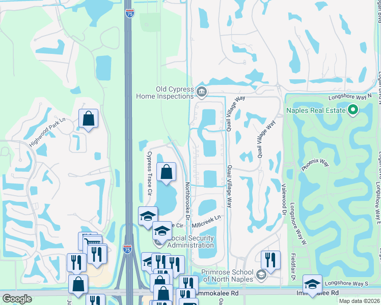map of restaurants, bars, coffee shops, grocery stores, and more near 6645 Huntington Lakes Circle in Naples