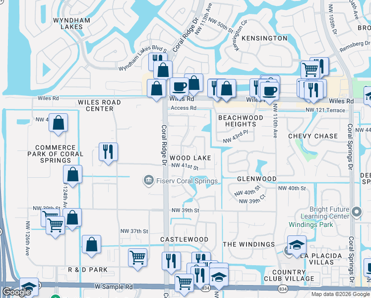 map of restaurants, bars, coffee shops, grocery stores, and more near 11506 Northwest 42nd Street in Coral Springs
