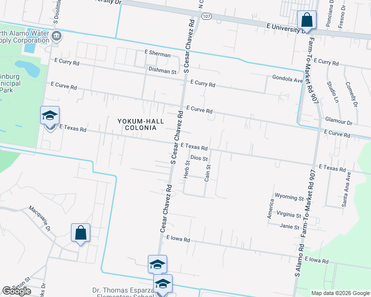 map of restaurants, bars, coffee shops, grocery stores, and more near 1409 Herb Street in Edinburg