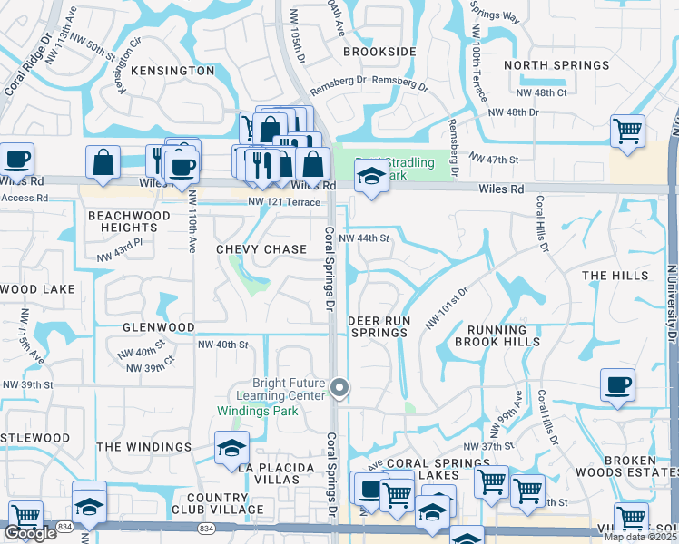 map of restaurants, bars, coffee shops, grocery stores, and more near 4270 Coral Springs Drive in Coral Springs